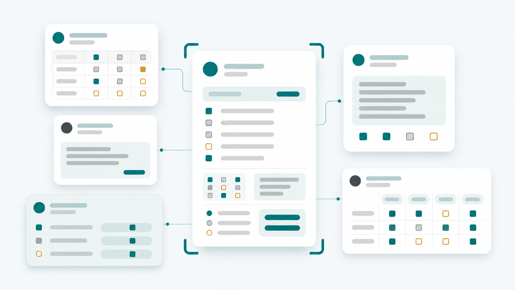 Several work records, including results, 1:1 notes and development plans, being assembled into one performance review record.